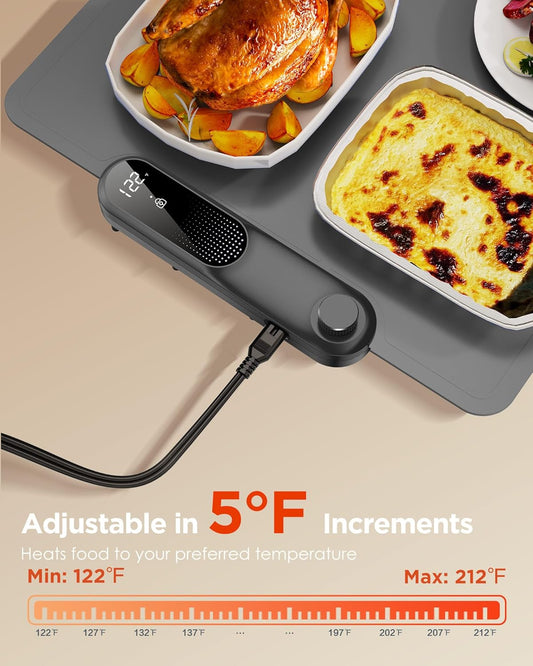 FEPPO Food Warmer Mat (Xxl 35" X 16"), Electric Heating Trays for Buffets and Parties, Full Surface Fast Heating Mat for Food with Temperature Adjusts